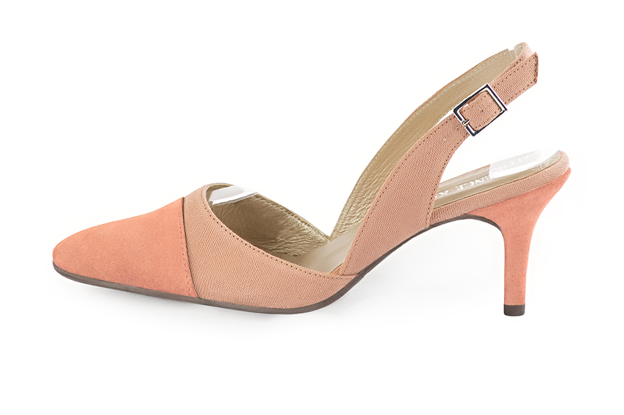 Peach orange women's slingback shoes. Tapered toe. High slim heel. Profile view - Florence KOOIJMAN